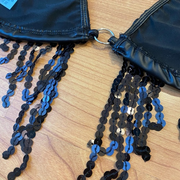 Black Faux Leather & Sequin Fringe Festival Bra Top - Picture 3 of 7
